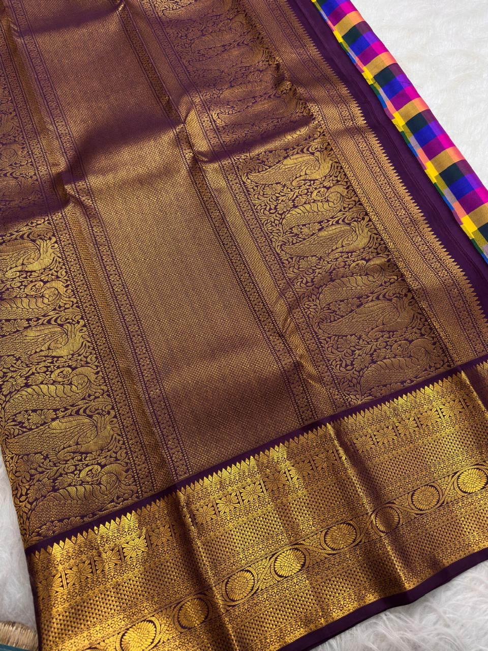 Jewel-tone multicolour checks with aubergine gold zari border | Kancheepuram pure silk saree.