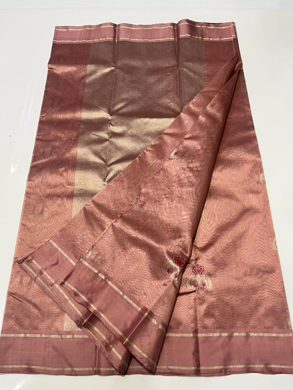 Antique Rose Pattu Silk Chanderi saree styled to show fluid drape and softly muted rose tone
