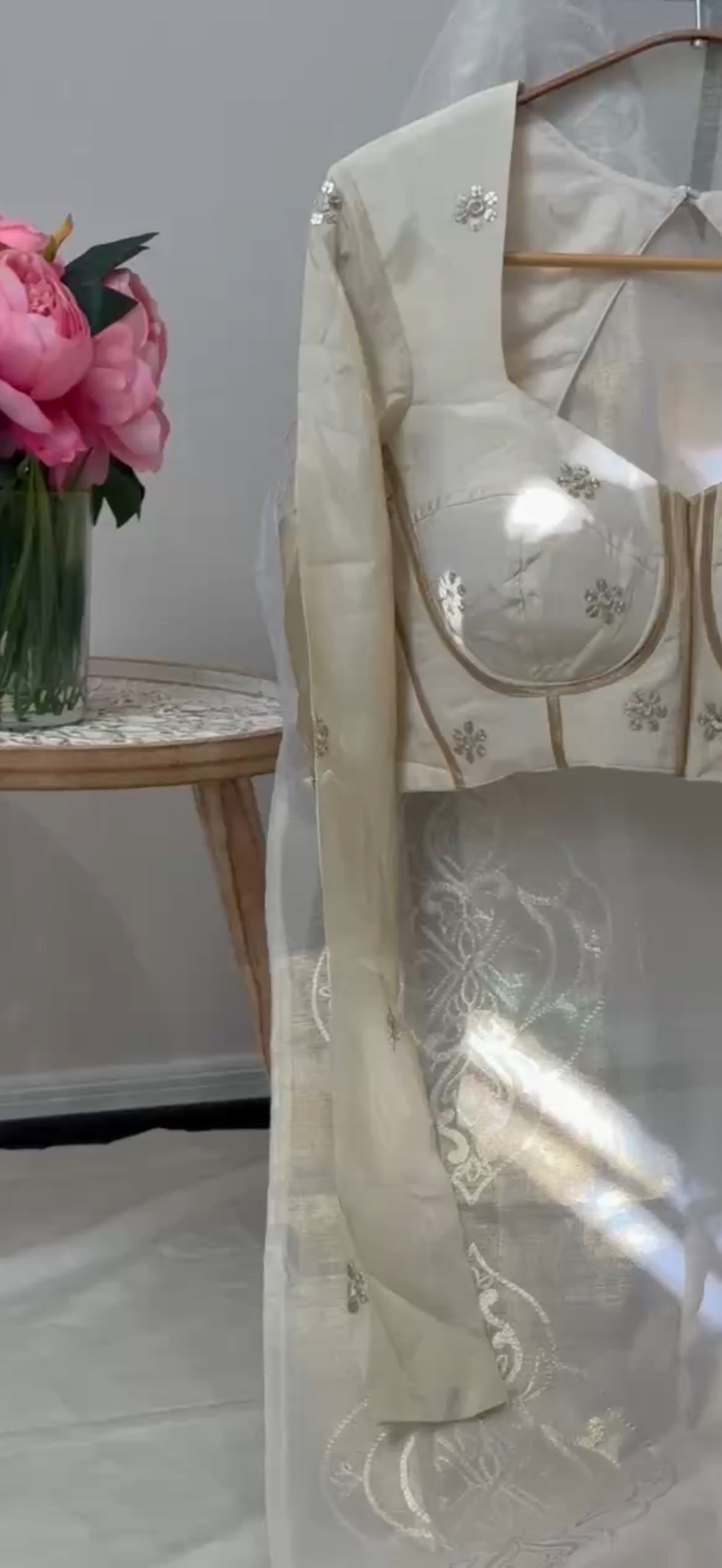 Nila Ivory Tissue Silk Structured Blouse with Gathered Churidar Sleeves and Mirror Work