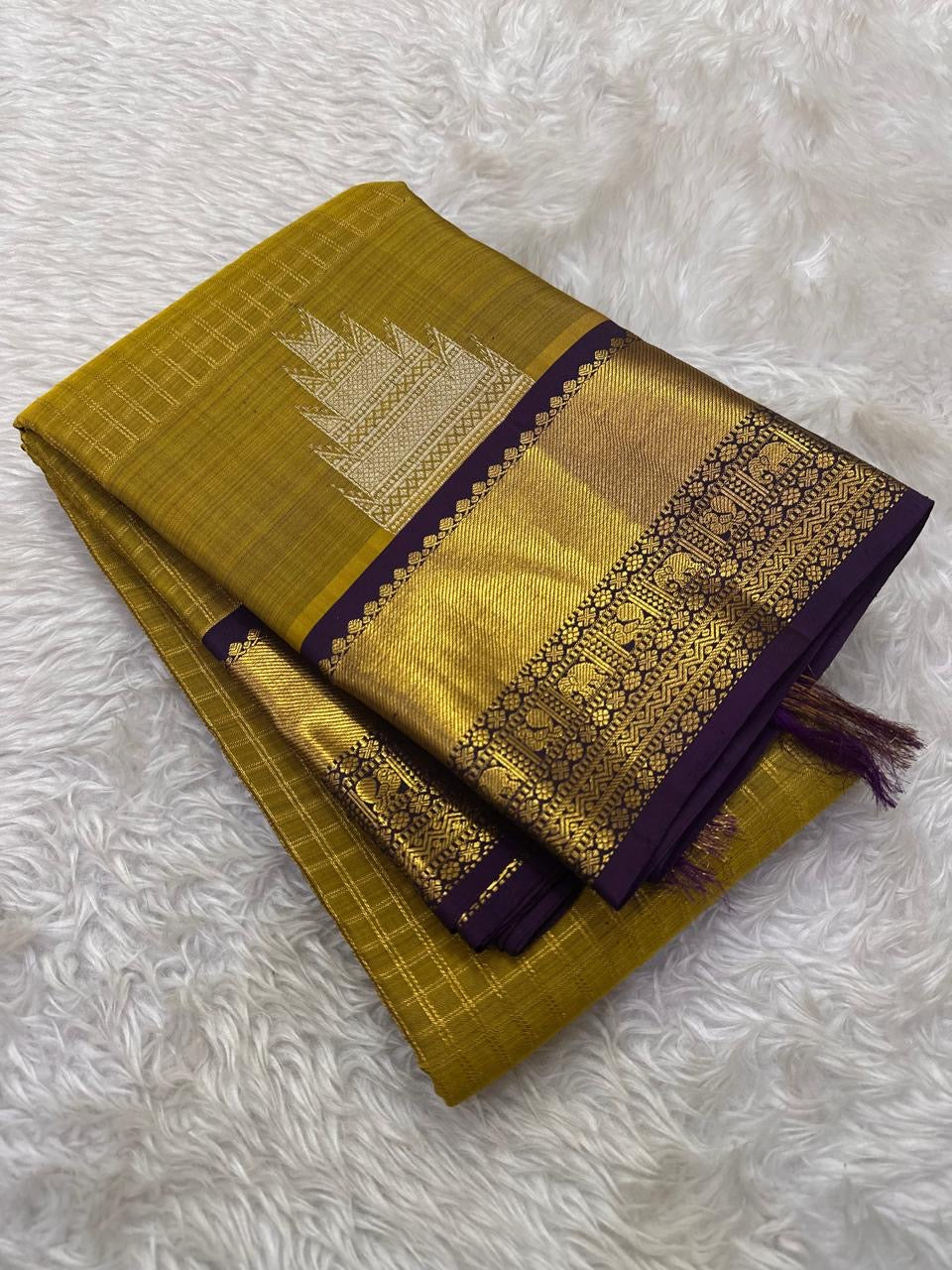 Fenugreek green Kancheepuram saree with deep purple Yaanai zari border — Idam Living