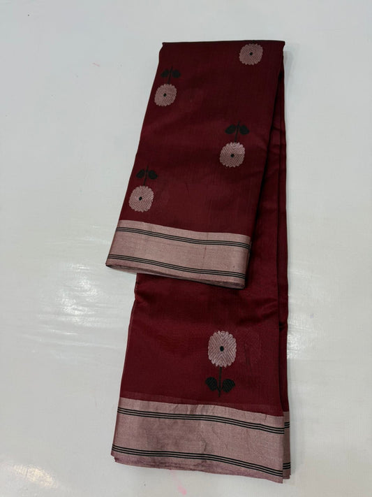 Draped view of Deep Burgundy Pure Silk Chanderi Saree with Black Border