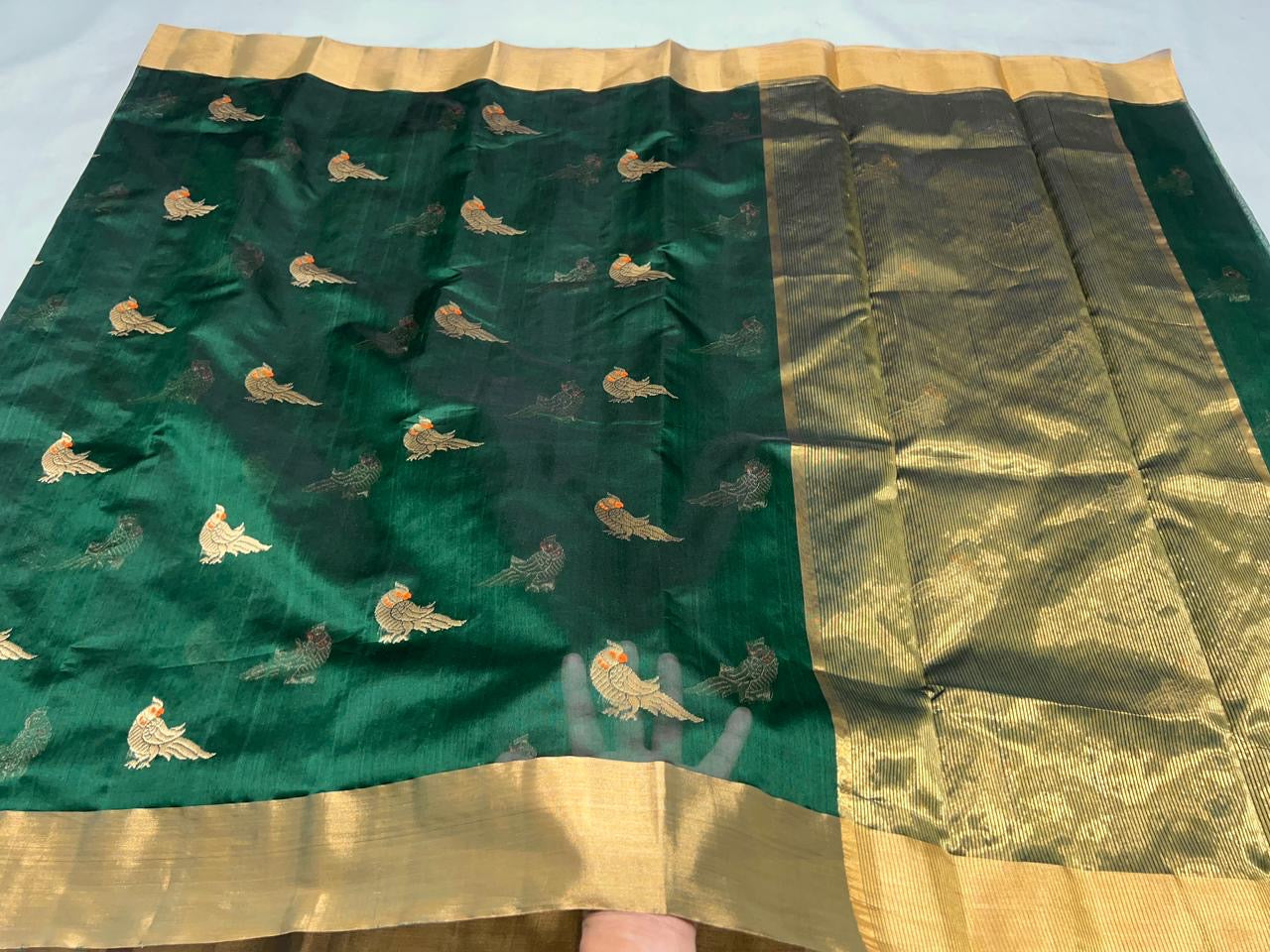 Emerald green pure silk Chanderi saree with traditional zari border displayed in elegant full drape styling
