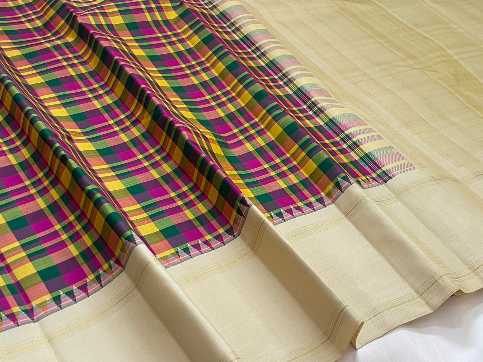 Festive Navaratri ivory Kancheepuram silk saree with jewel tone kattam checks and zari border Idam Living