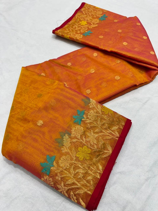 Sunset Orange Pure Silk Chanderi Saree folded view with Antique Gold Border
