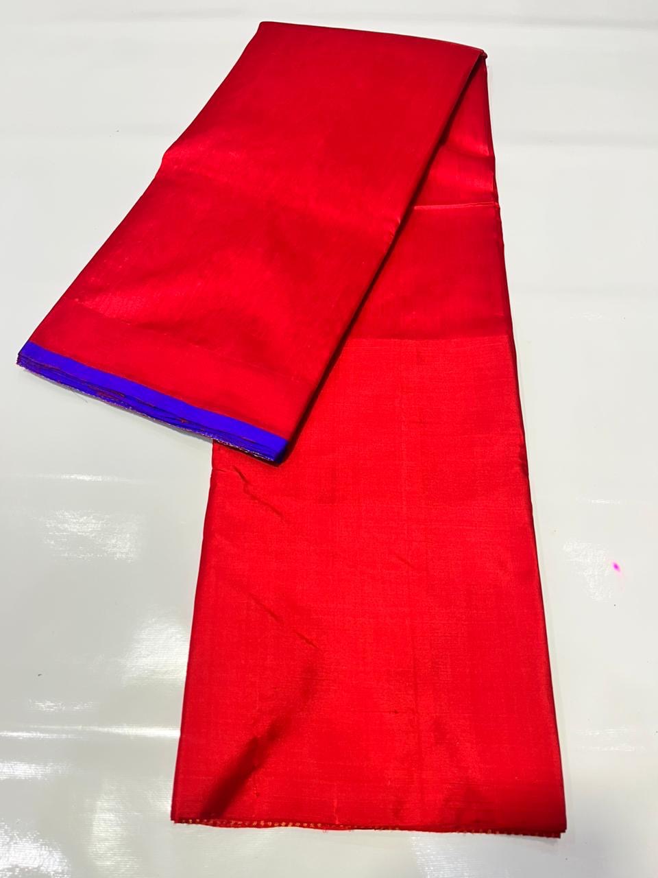 Traditional ruby red Chanderi silk saree with contrasting violet border