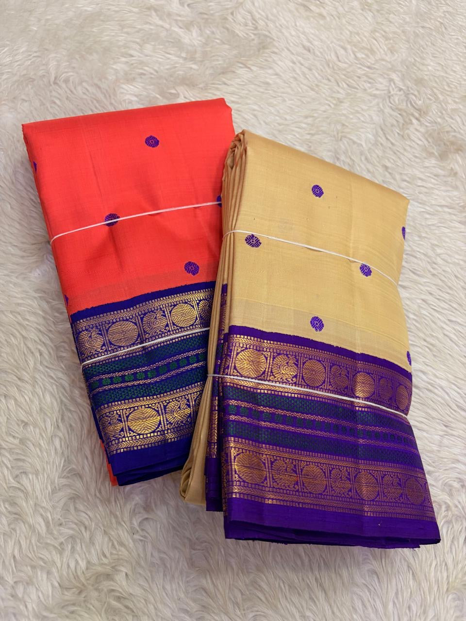 Festive sandal beige Kanjivaram silk saree with violet border – full length view