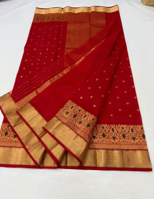 Sindoor Silk Pure Silk Chanderi Saree neatly folded with Antique Gold Border