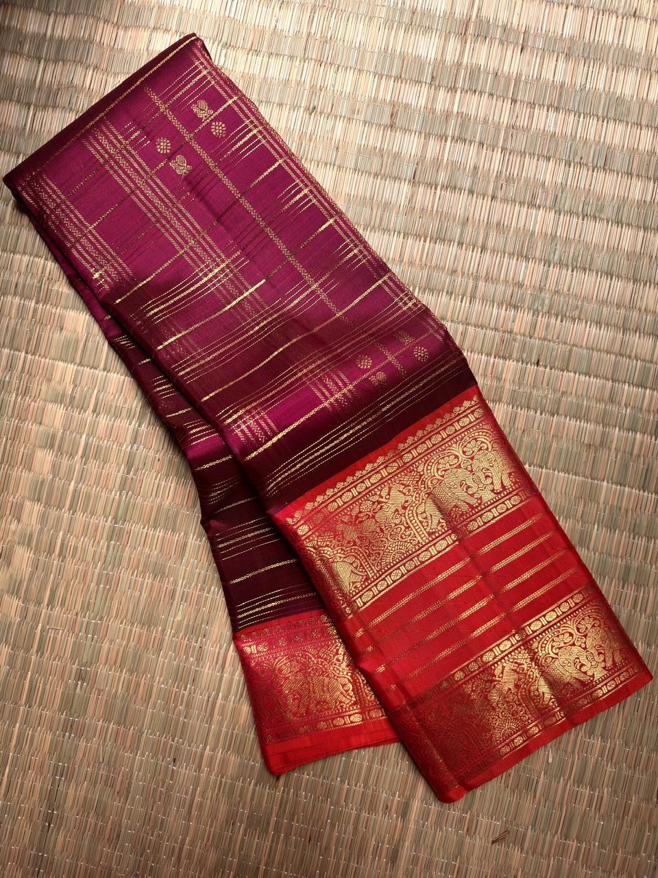 Deep Plum Handwoven Pure Silk Kanchipuram Zari Kattam Saree with Vermilion Elephant Zari Border – additional detail view 1