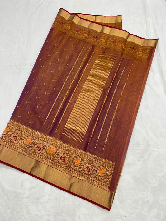 Copper Brown Floral Zari Katan Silk Chanderi Saree, pallu and weave detail