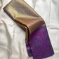 Antique gold handwoven pure silk Banarasi-Kanchipuram fusion saree with Kathiripoo purple, gold zari latticework and elephant medallions