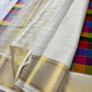 Angled fold view of a multicolour Paalum Pazhamum Kanchipuram silk saree with ivory body and antique gold zari border
