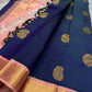 Navy checked Kanchipuram silk saree with gold zari buttas, blush pink zari border, and tassels available in the USA