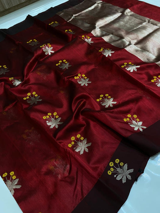 Deep red Chanderi saree with pale metallic pallu