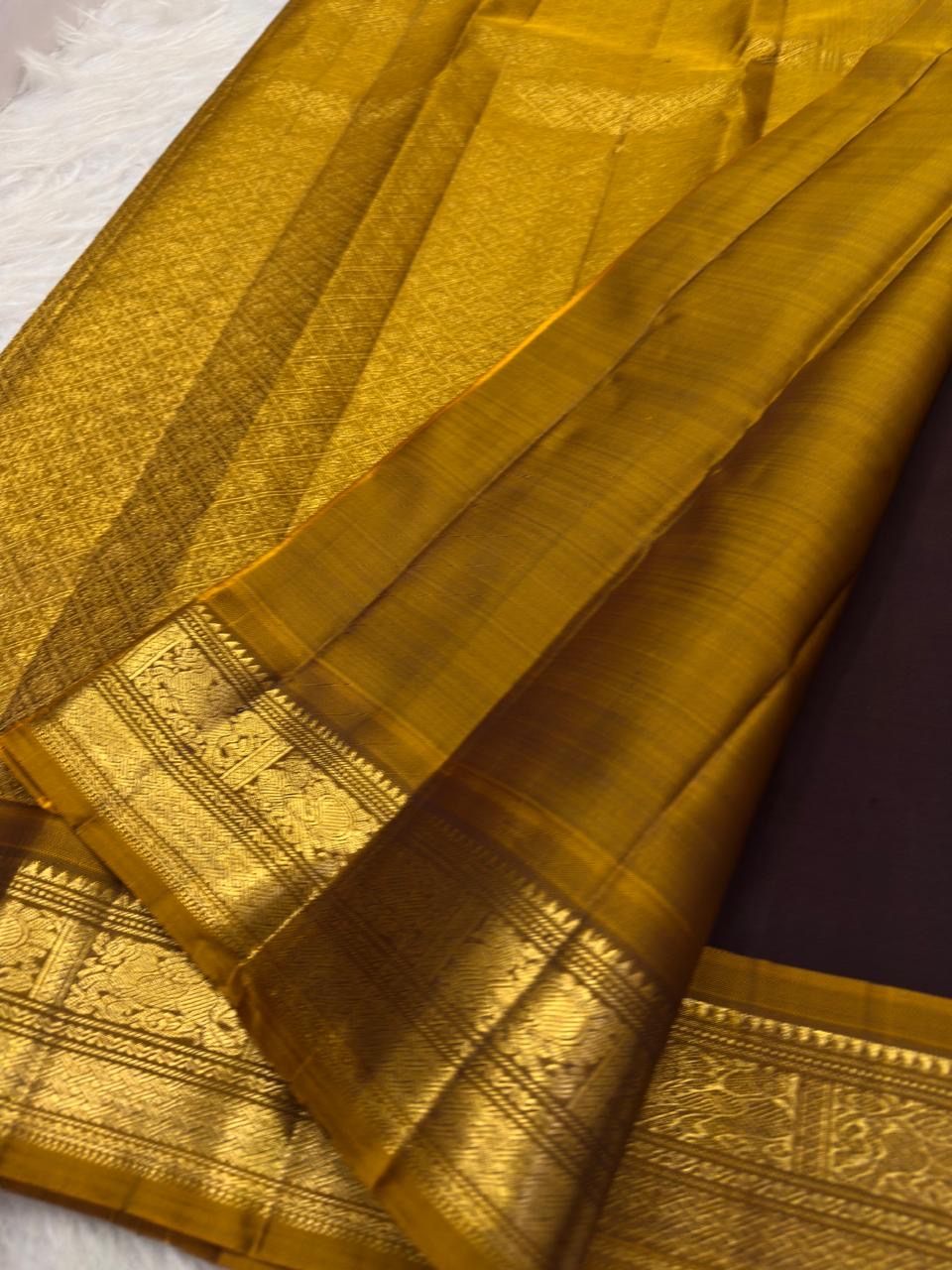 Deep Aubergine Jamun Handwoven Pure Silk KanchiPattu Saree with Petite Zari Buttas and Antique Gold Border