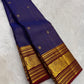 royal blue kanchipuram silk saree showing zari checks and small gold buttas