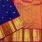 Blue Kanchipuram silk saree flat lay with gold zari pallu pattern and wide gold zari border, shipped from New Jersey USA.
