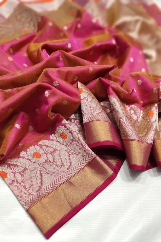 pink chanderi silk saree spread flat with gold accents