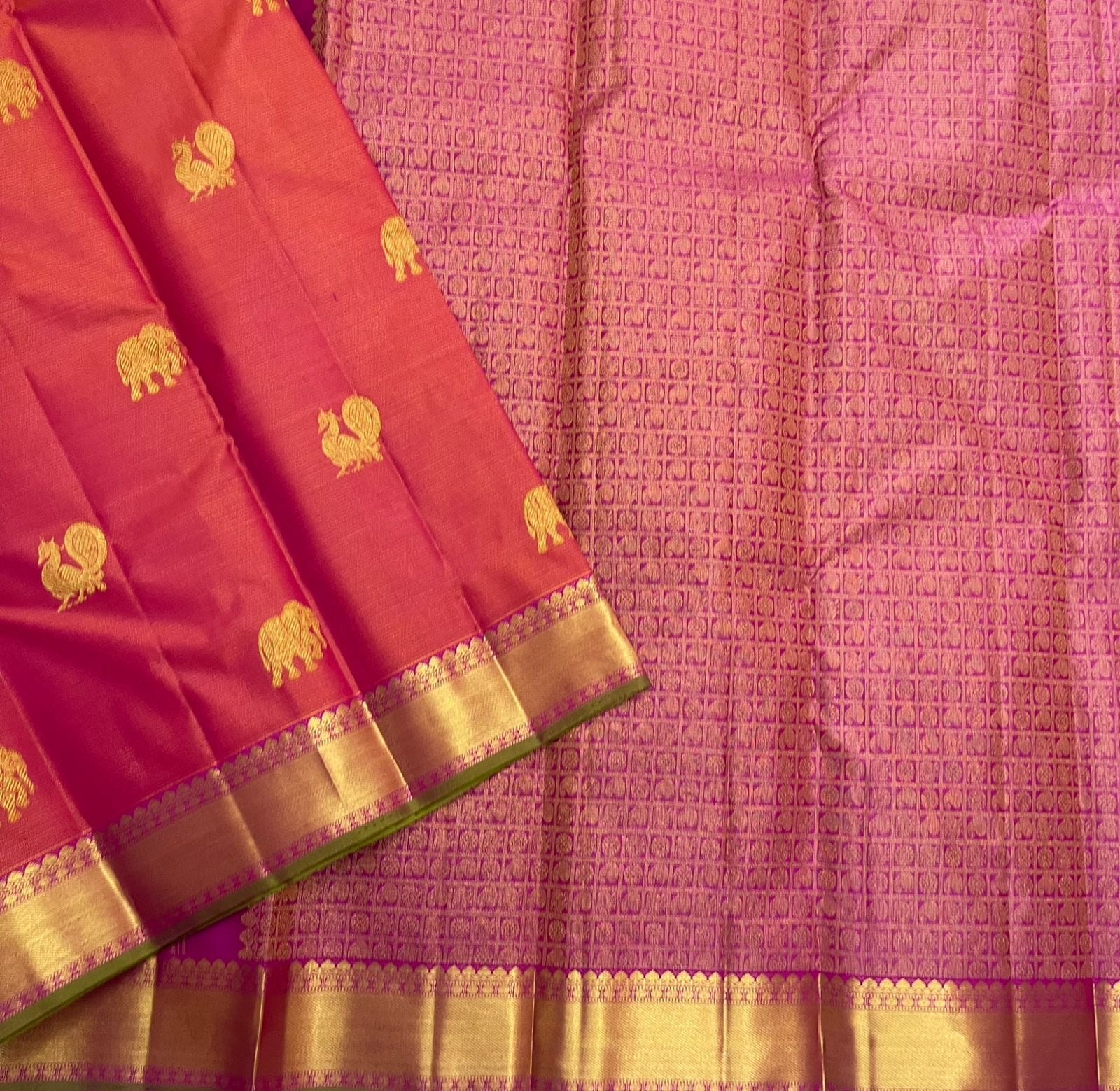 Purple pallu with zari-woven texture, tassels, and gold border detail (shipped from New Jersey USA)