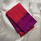 folded coral red pink pure kanchipuram silk saree with deep purple contrast border