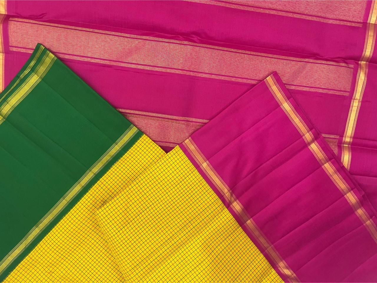full spread sunflower yellow checked kanchipuram silk saree with magenta pallu available in the USA