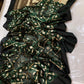 Antique-gold geometric pallu of forest green Chanderi saree