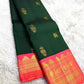 Deep Forest Green Handwoven Pure Silk Kanjeevaram Saree with Gandaberunda Zari Buttas and Rani Pink Border