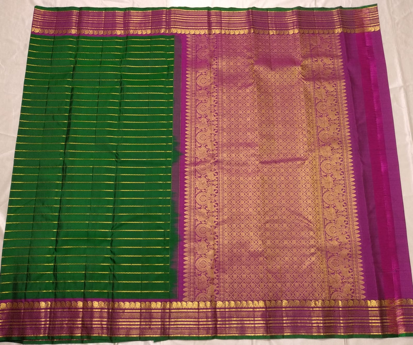 Forest Green and Magenta Korvai Kanchipuram Silk Saree with Veldhari Body and Yaanai Border