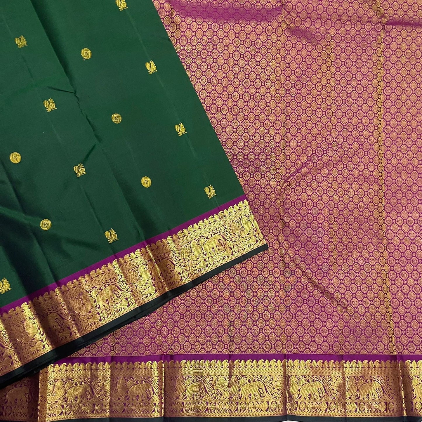 Mayil chakram and kamalam butta in gold zari on forest green Kanchipuram pure silk saree — Idam Living