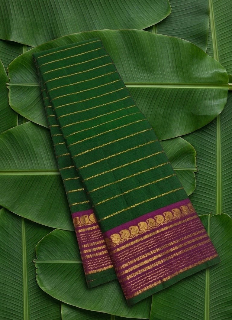 Forest Green and Magenta Korvai Kanchipuram Silk Saree with Veldhari Body and Yaanai Border