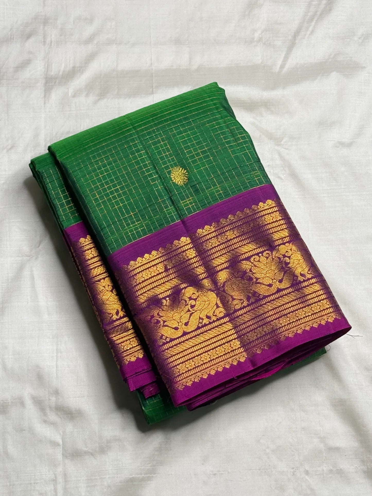 Gold zari kamalam butta on forest green zari kattam KanchiPattu silk saree body — Idam Living