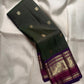 Handwoven Forest Green Kanchipuram silk saree with antique gold zari buttas