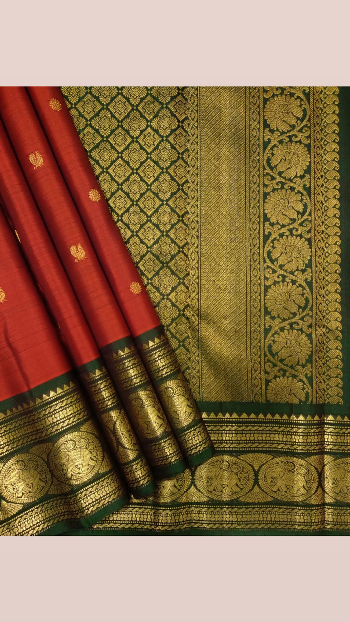 Forest Green Korvai border with Sorgavasal Mayil gold zari motifs