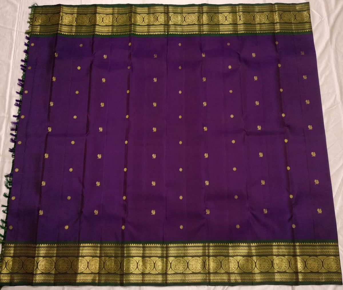 Forest Green Korvai border with traditional Sorgavasal Mayil gold zari motifs