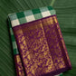 Fresh betel green and ivory Pure Kanchipuram silk saree with rich plum antique gold zari pallu