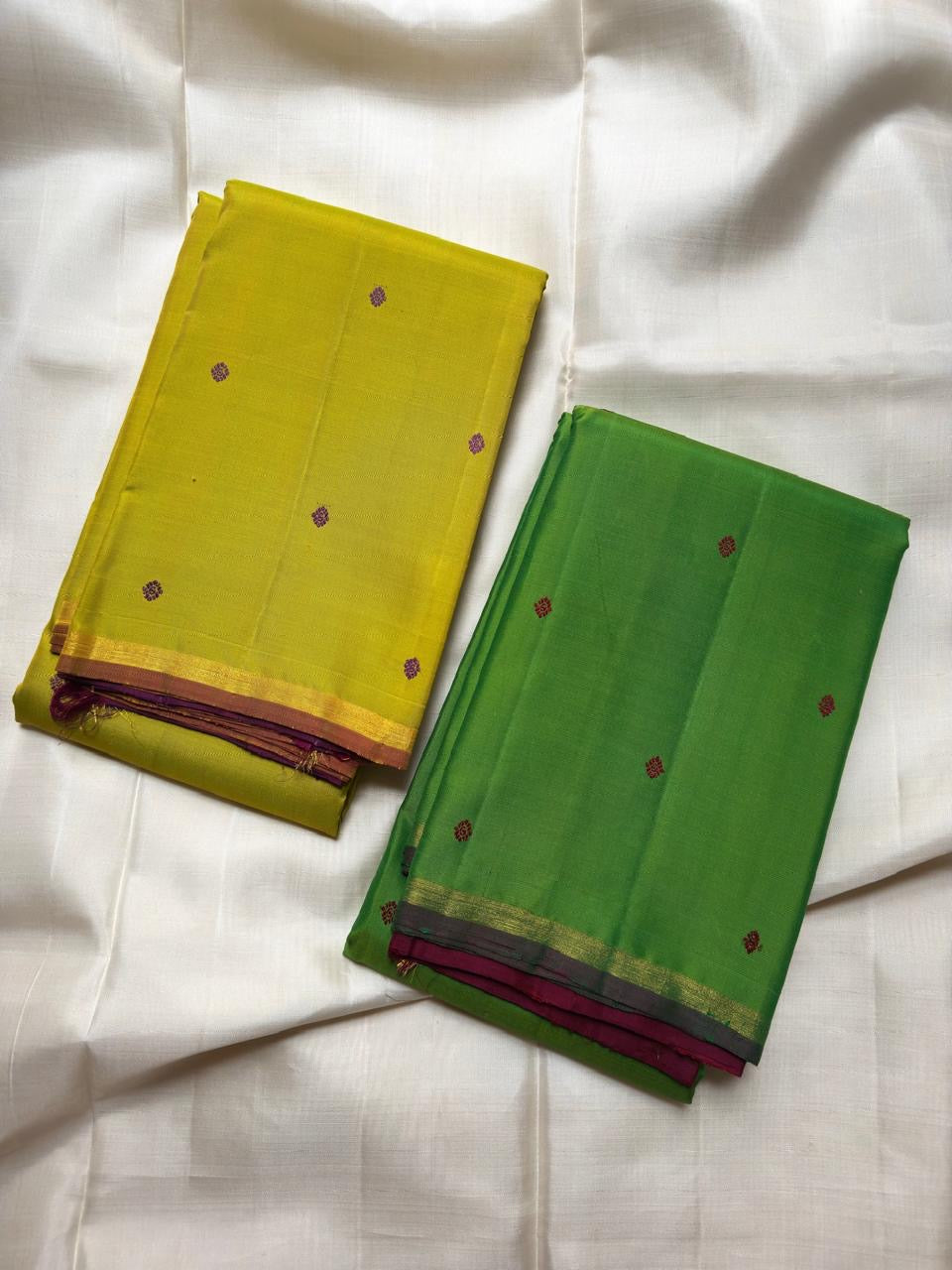 Fresh Green Pure Silk Kancheepuram Saree — full saree overview, Butta weave with petite border — Idam Living