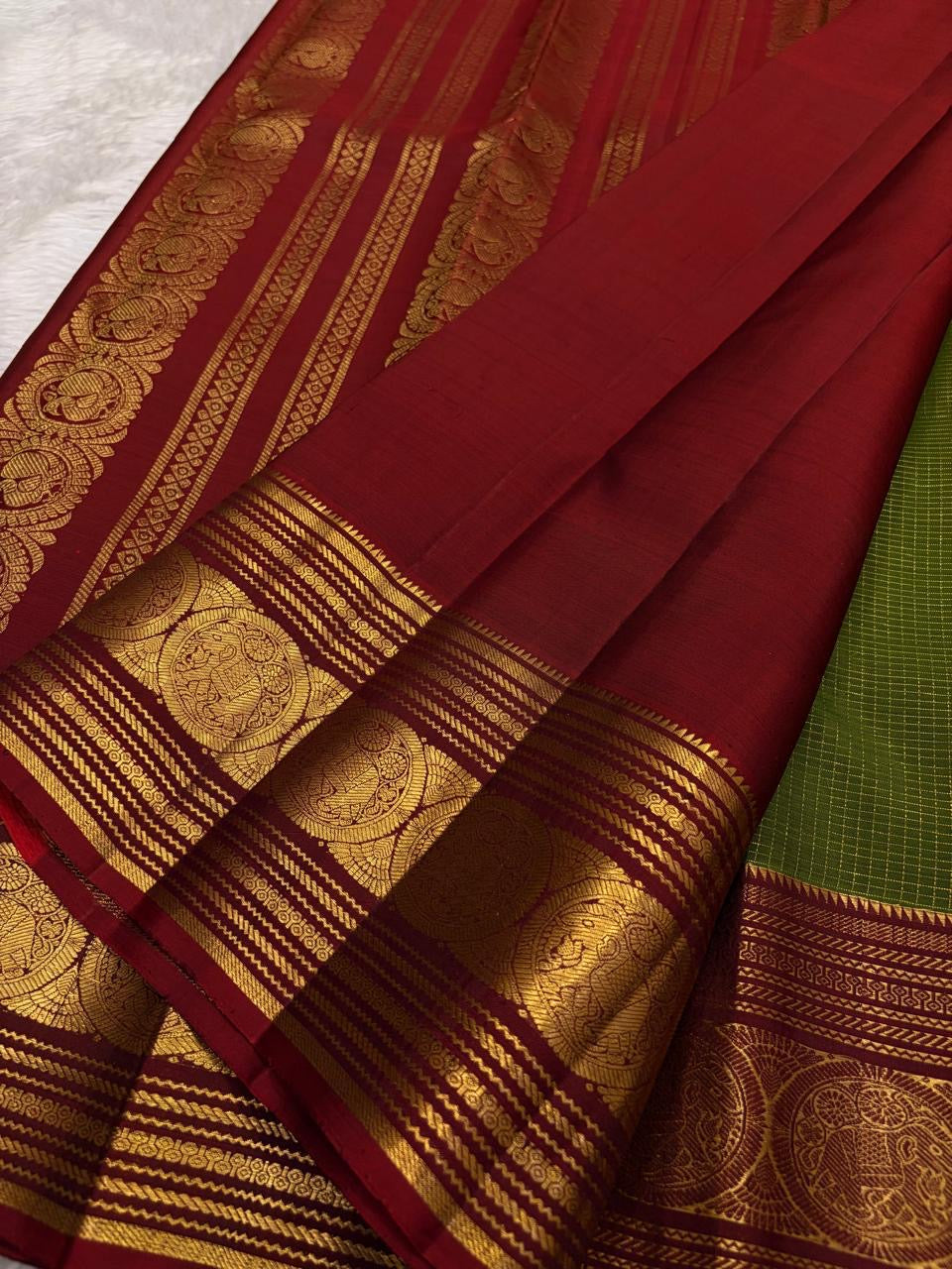 Fresh Green Handwoven Pure Silk Kanchipuram Zari Kattam Saree with Ruby Red Border – front full drape view