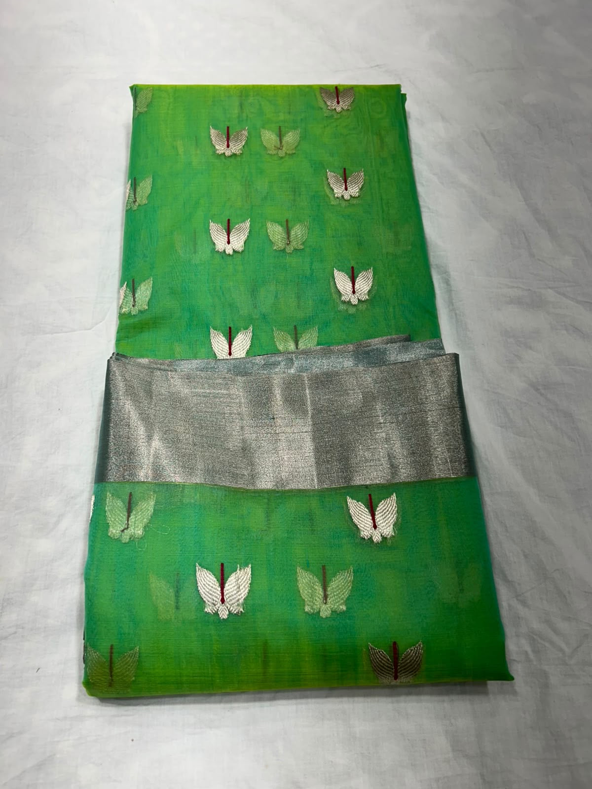 Handwoven green Katan Silk Chanderi