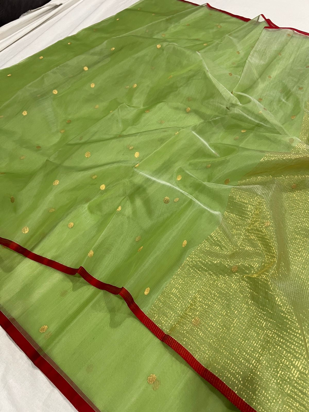 Fresh leaf green handloom Chanderi Katan Silk saree with gold woven buttas, red border and fine zari pallu