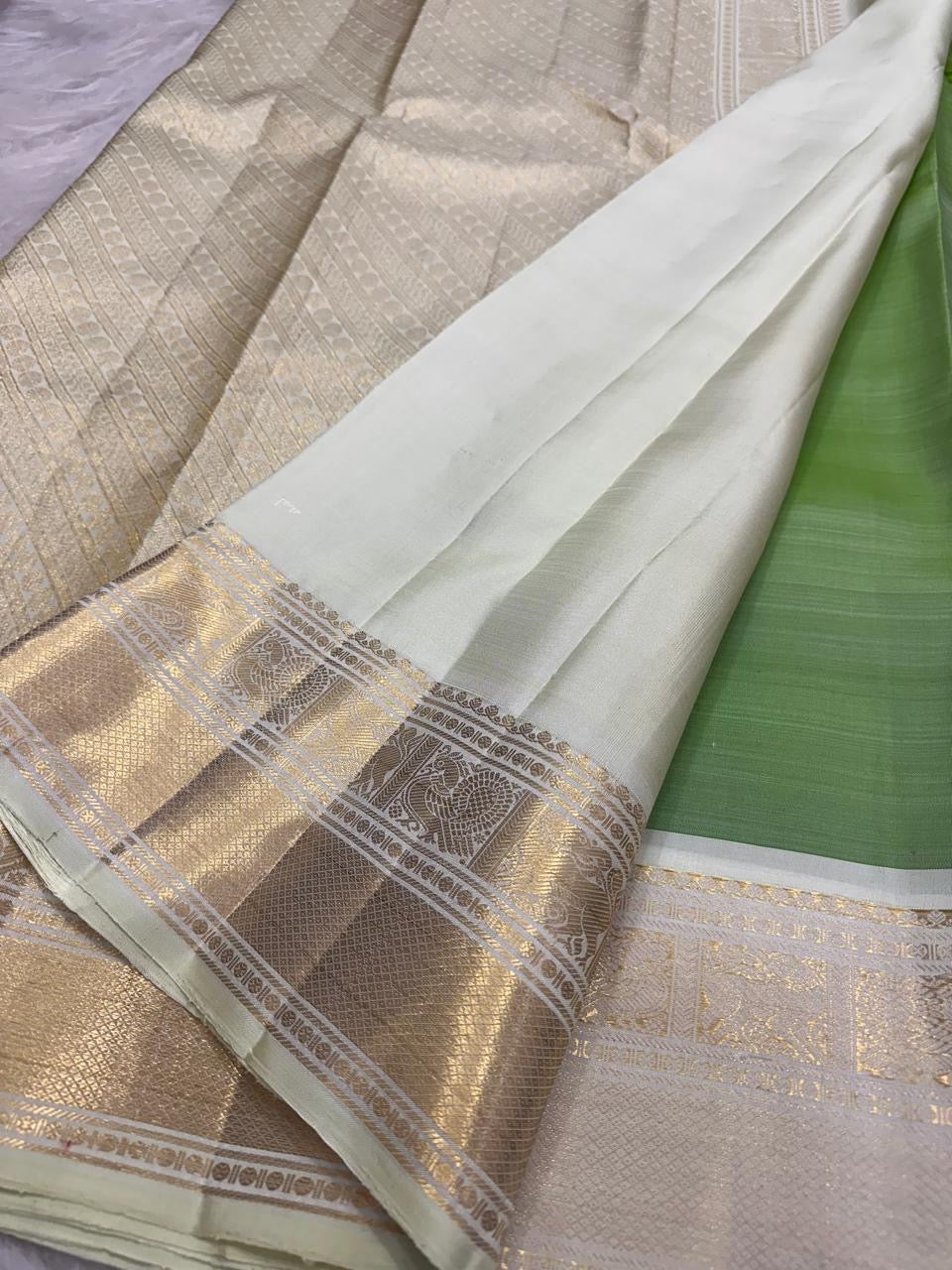 Fresh Leaf Green Kanchi Pattu Saree — body close-up showing gold zari buttas