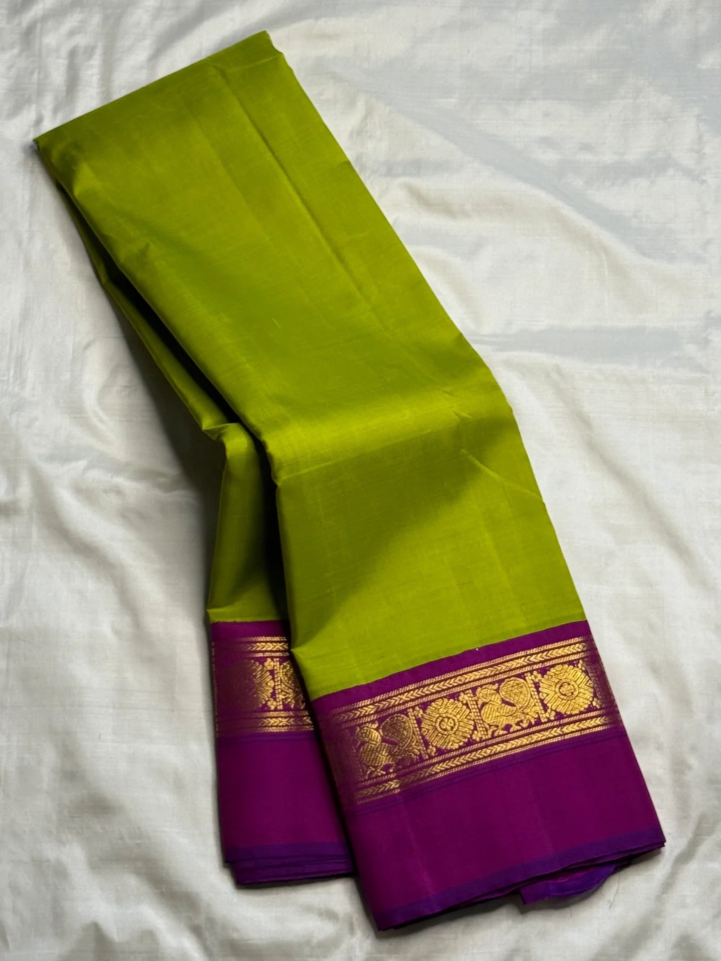 Fresh Parrot Green Pure Silk Kanjivaram Korvai Saree - body detail