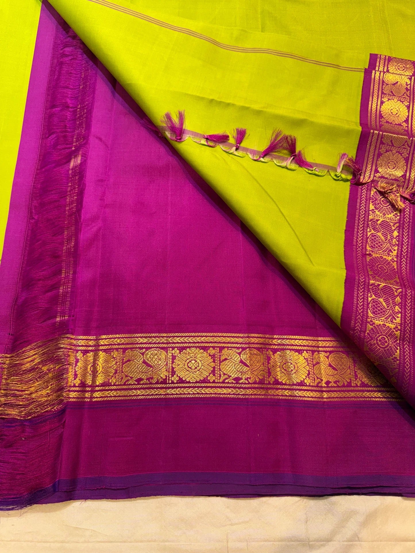 Fresh Parrot Green Pure Silk Kanjivaram Korvai Saree - front view