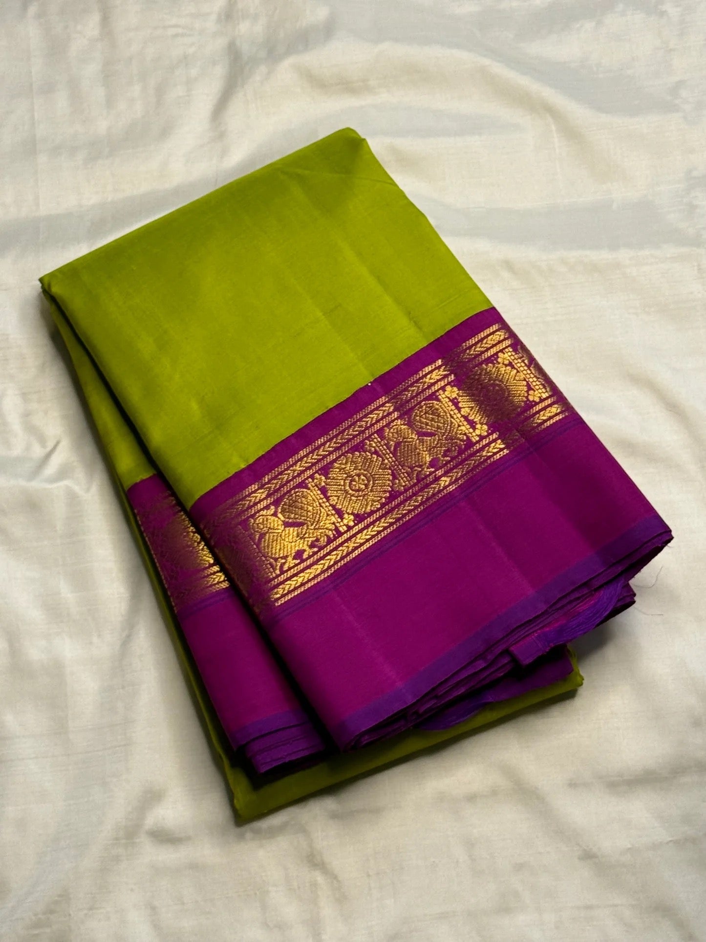 Fresh Parrot Green Pure Silk Kanjivaram Korvai Saree - full saree view