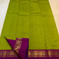 Fresh Parrot Green Pure Silk Kanjivaram Korvai Saree - Kaal Irangiya magenta border detail