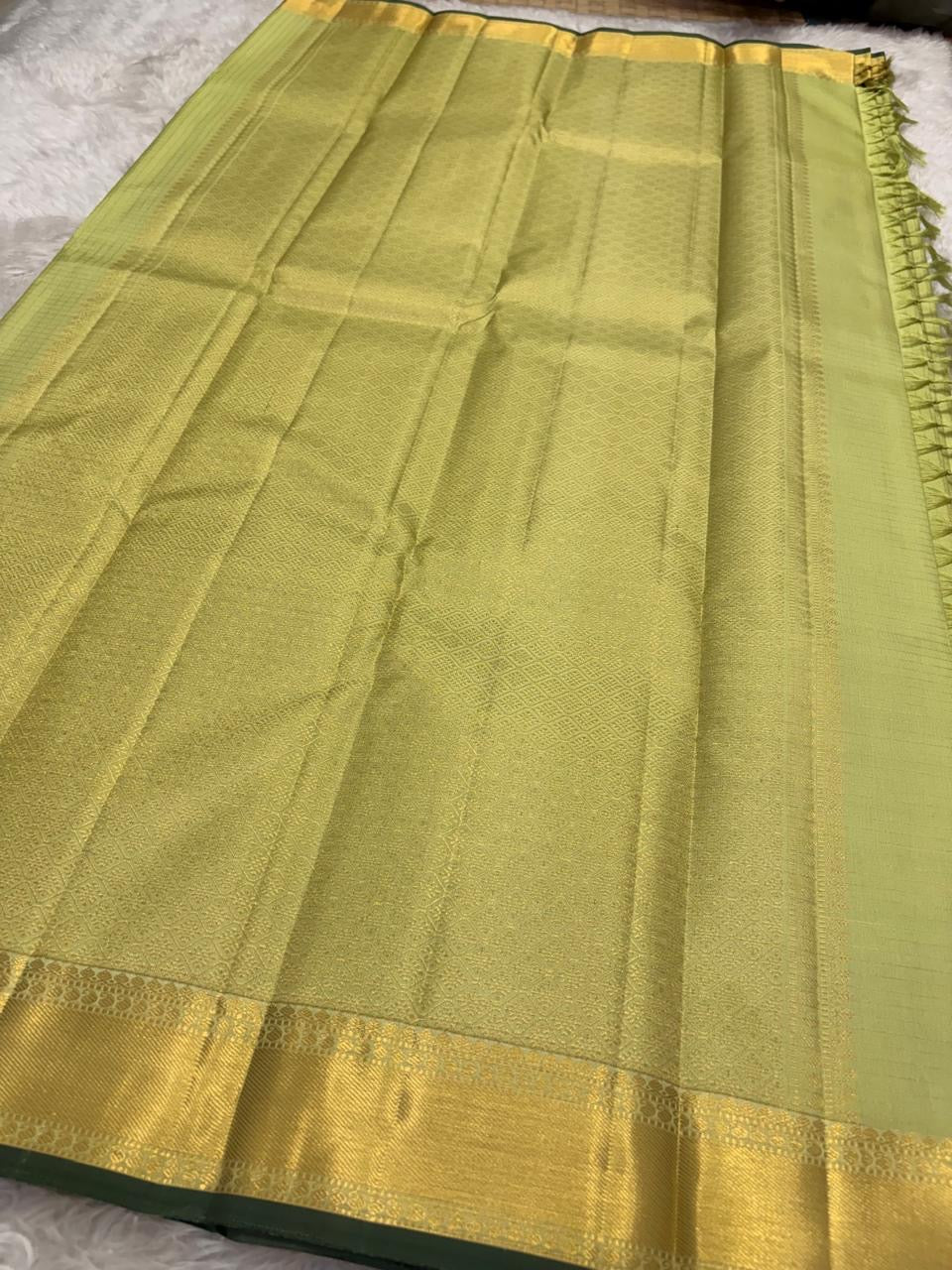 Fresh Pistachio Green Kanjivaram silk saree, back view showing drape — Idam Living