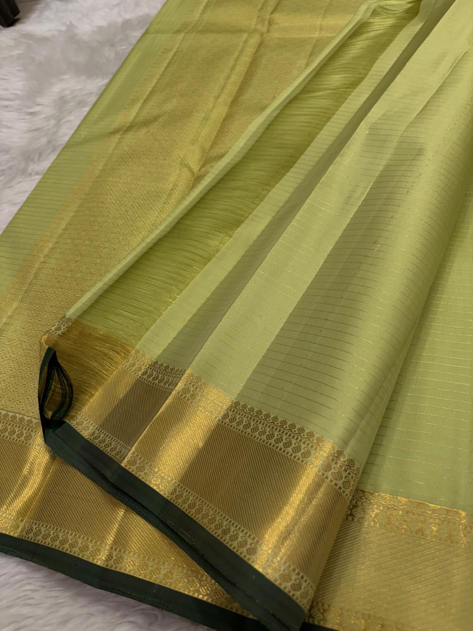 Fresh Pistachio Green Kanjivaram silk saree draped, full length view — Idam Living