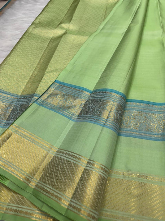 Fresh Pistachio Green Kanchi Pattu silk saree — full front view, rettapet weave — Idam Living