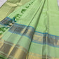 Fresh Pistachio Green Kanchi Pattu silk saree draped, full length view — Idam Living