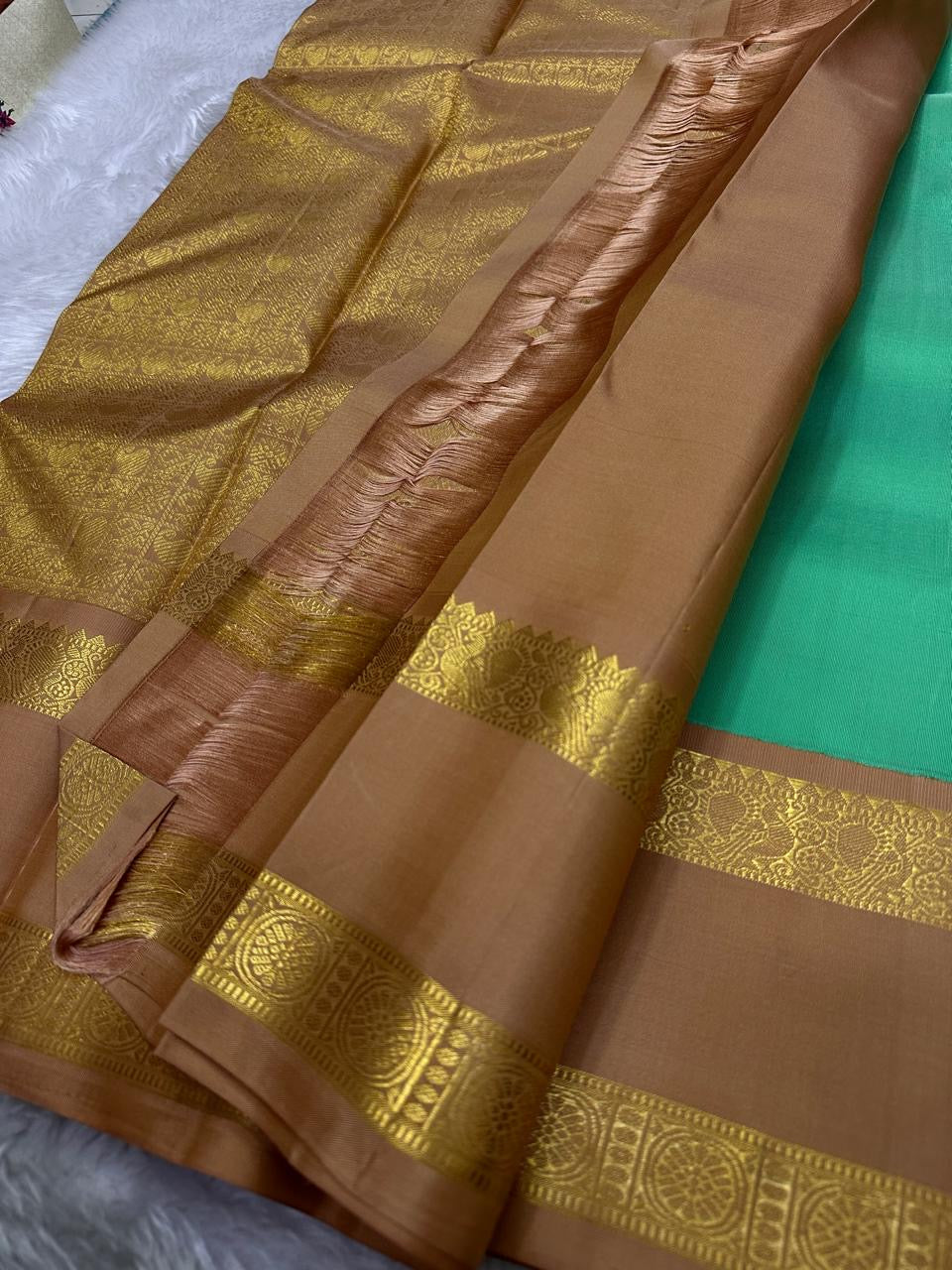 Kanchipattu silk saree in fresh turquoise green with sandal brown border Korvai Rettapet weave traditional zari detail