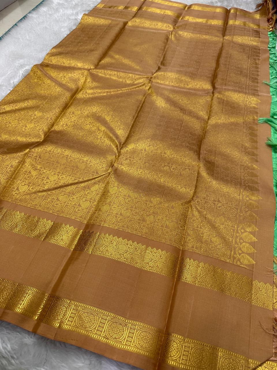 Kanchipattu silk saree in fresh turquoise green with sandal brown border Korvai Rettapet weave traditional zari detail