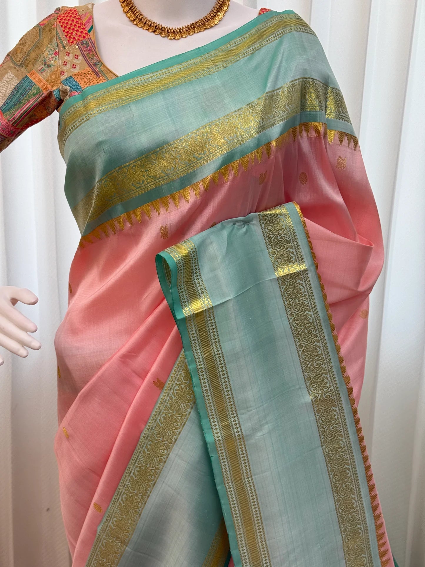 kanchipuram silk saree draped showing sea green zari border shipped from new jersey usa